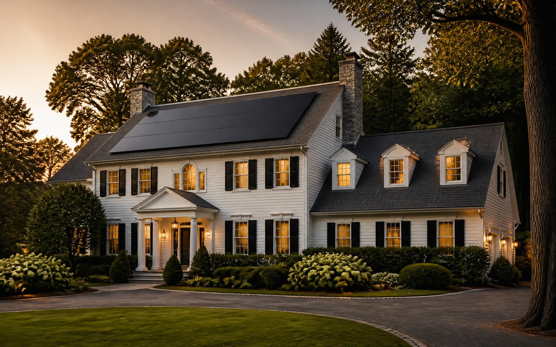 Colonial New Jersey home at dusk with roof-mounted solar panels