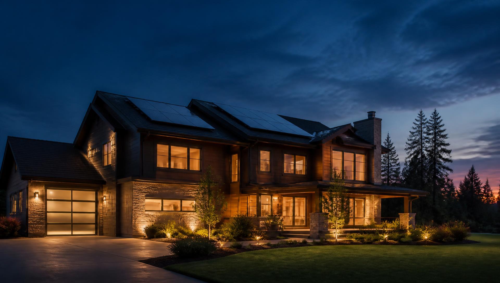 Home with solar panels at blue hour